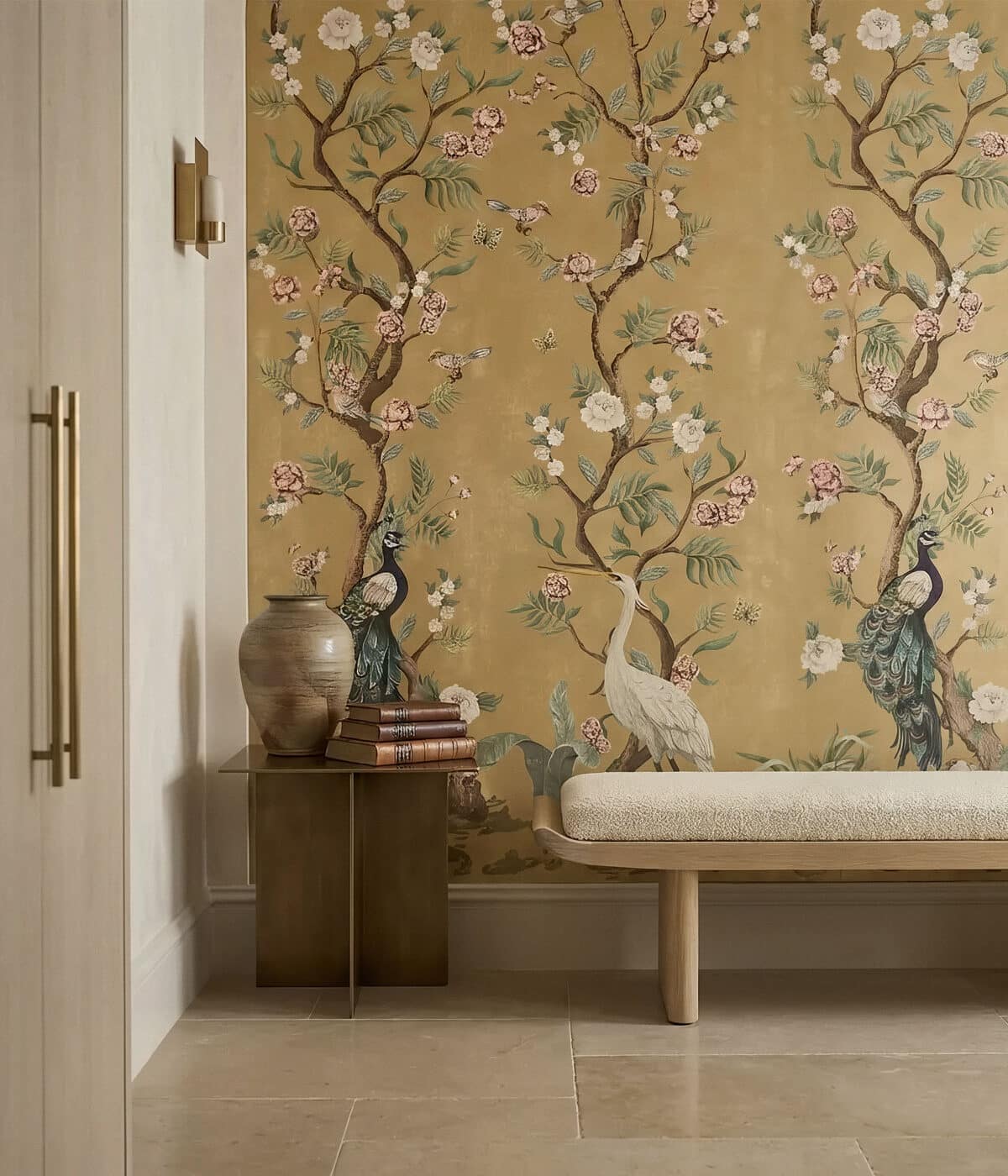 Designer wallcovering creating a dramatic feature wall in an elegant interior