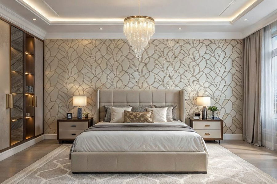 Elegant room with patterned designer wallpaper