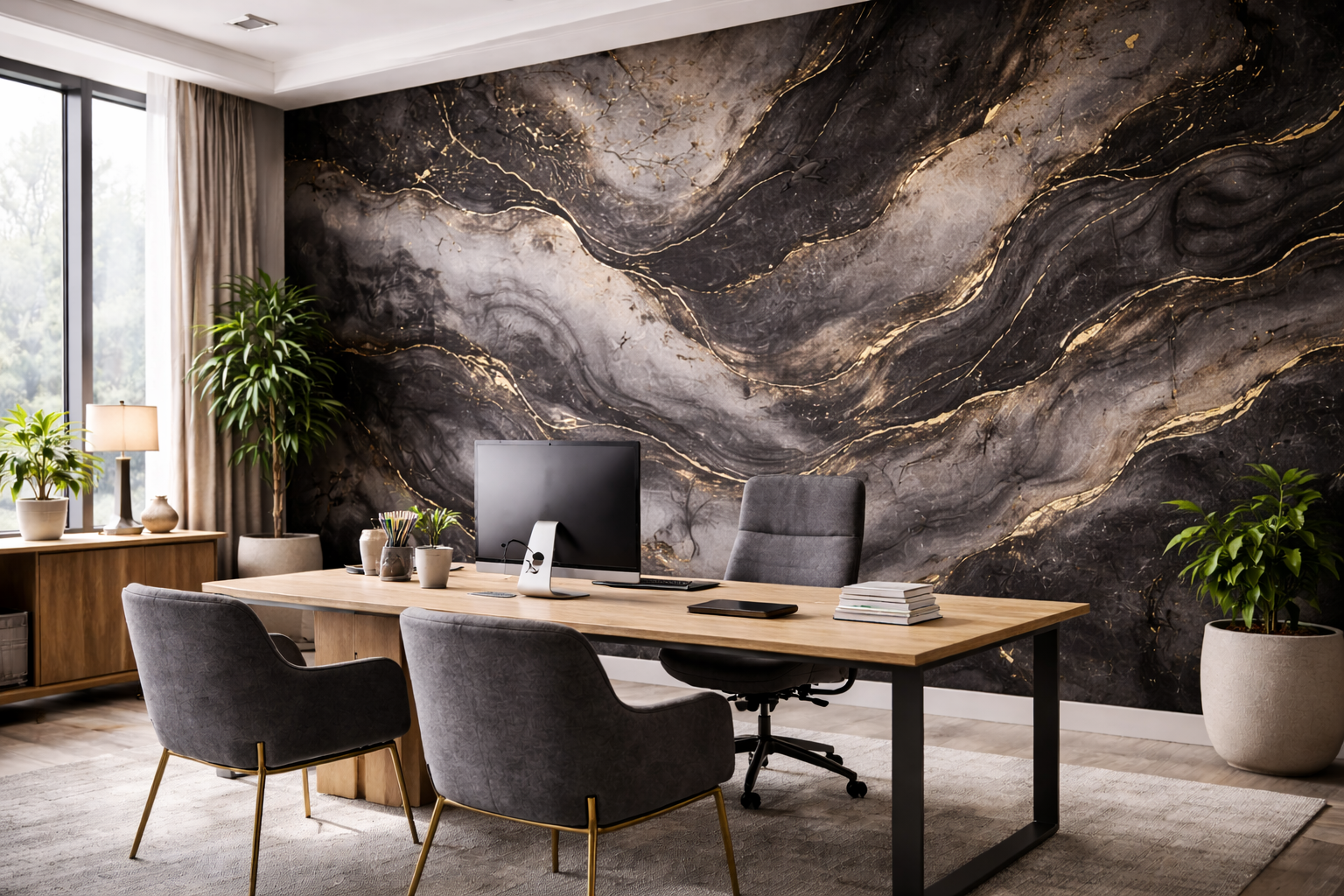 Large decorative feature wall with dramatic wallcovering